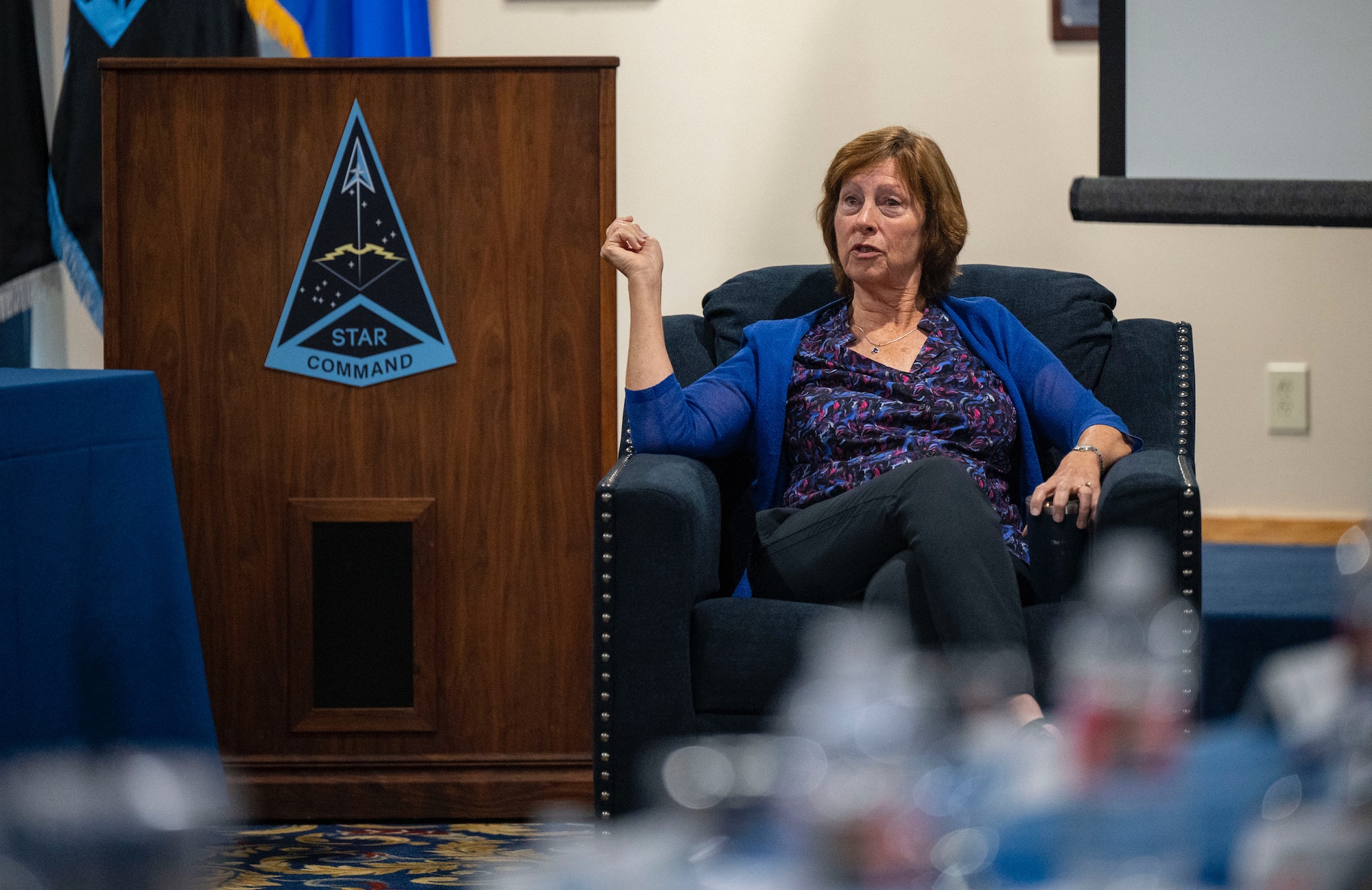 Laura Hyten, wife of retired Gen. John Hyten, takes part in a discussion with Space Training and Readiness Command senior leaders and spouses during a conference