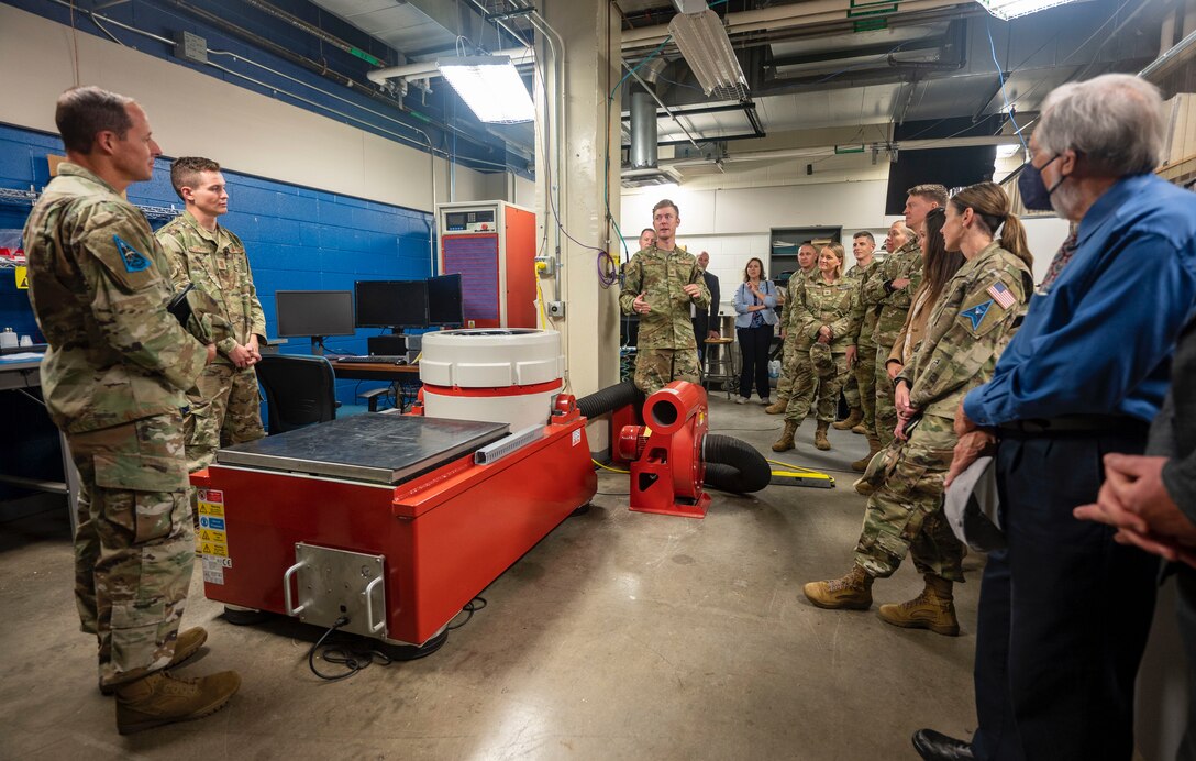 Space Training and Readiness Command senior leaders tour one of the FalconSAT program facilities during a conference at the U.S. Air Force Academy