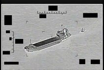 ARABIAN GULF (Aug. 30, 2022) Screenshot of a video showing support ship Shahid Baziar, left, from Iran's Islamic Revolutionary Guard Corps Navy unlawfully towing a Saildrone Explorer unmanned surface vessel in international waters of the Arabian Gulf, Aug. 30.