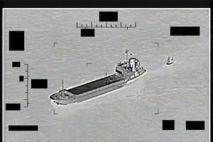 ARABIAN GULF (Aug. 30, 2022) Screenshot of a video showing support ship Shahid Baziar, left, from Iran's Islamic Revolutionary Guard Corps Navy unlawfully towing a Saildrone Explorer unmanned surface vessel in international waters of the Arabian Gulf, Aug. 30.