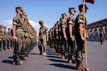 U.S. Marine Corps recruits with Lima Company, 3rd Recruit Training Battalion, practice close order drill at Marine Corps Recruit Depot San Diego, Aug. 18, 2022.