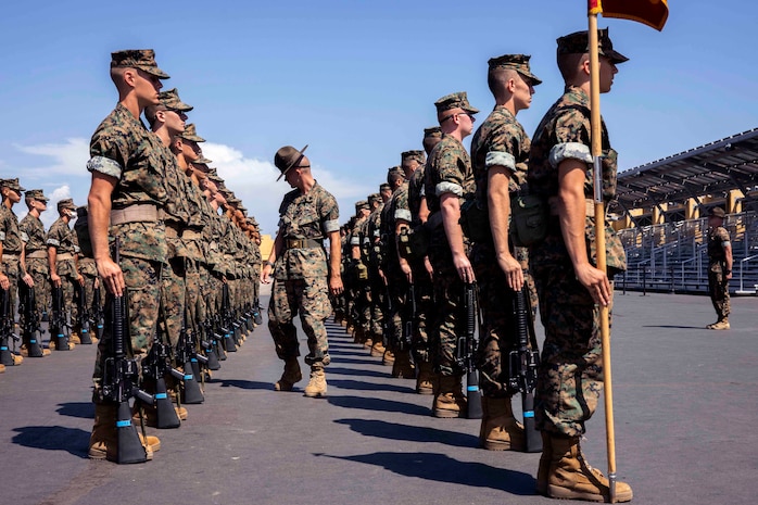 U.S. Marine Corps recruits with Lima Company, 3rd Recruit Training Battalion, practice close order drill at Marine Corps Recruit Depot San Diego, Aug. 18, 2022.