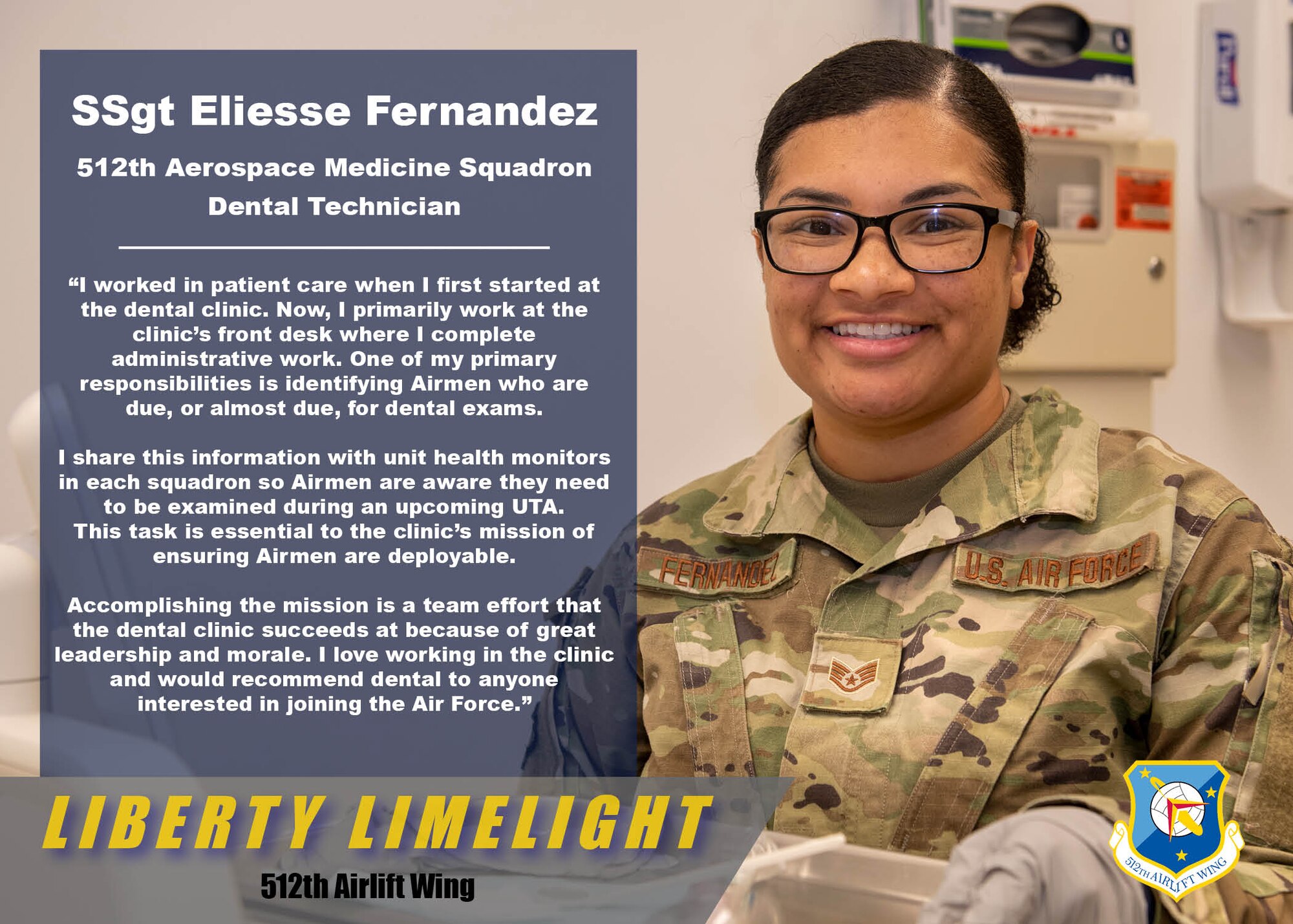 Staff Sgt. Eliesse Fernandez, Aerospace Medicine Squadron, dental technician. (U.S. Air Force graphic by Senior Airman Shayna Hodge)