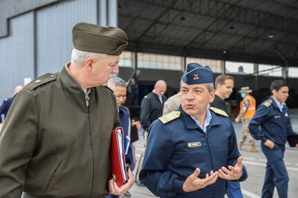 Maj. Gen. Bill Crane, West Virginia National Guard adjutant general, talks with Peru Air Force, Group 8 Maj. Gen. Macedo during a key leader engagement with Peruvian military forces Aug. 22-24, 2022, in Lima, Peru. West Virginia and Peru have been partners under the Department of Defense National Guard Bureau State Partnership Program since 1996.