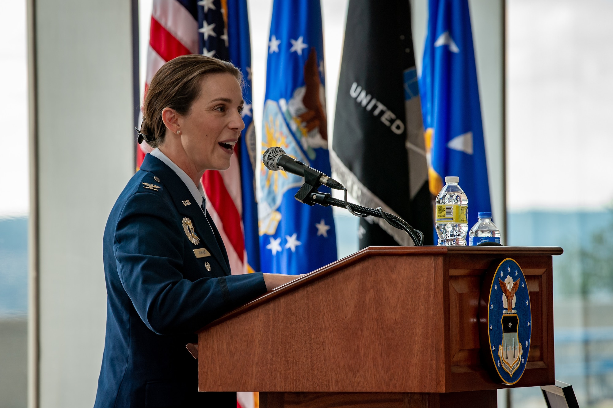 Colonel Beth Makros delivers remarks during a Permanent Professor Investiture ceremony at Arnold Hall, U.S. Air Force Academy Colorado, August 19th 2022.