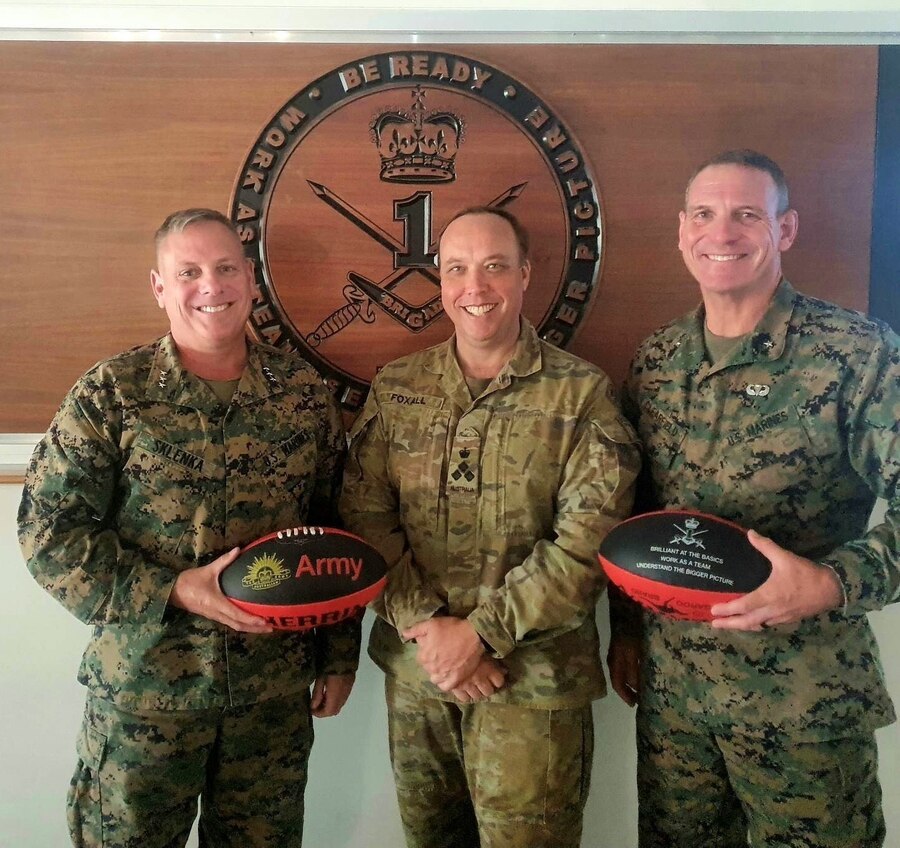 U.S. Marine Corps Lt. Gen. Stephen Sklenka, the deputy commander of U.S. Indo-Pacific Command, and Brig. Gen. Joseph Clearfield, the deputy commander of Marine Corps Forces Pacific, stand alongside Australian 1st Brigade commanding officer Brigadier Nick Foxall at Robertson Barracks, Darwin, NT, Australia, Aug. 25, 2022. The deputy commanders visited Marines and Sailors with Marine Rotational Force-Darwin 22 and members of the Australian Defence Force in Darwin to reinforce the powerful U.S.-Australian Alliance.