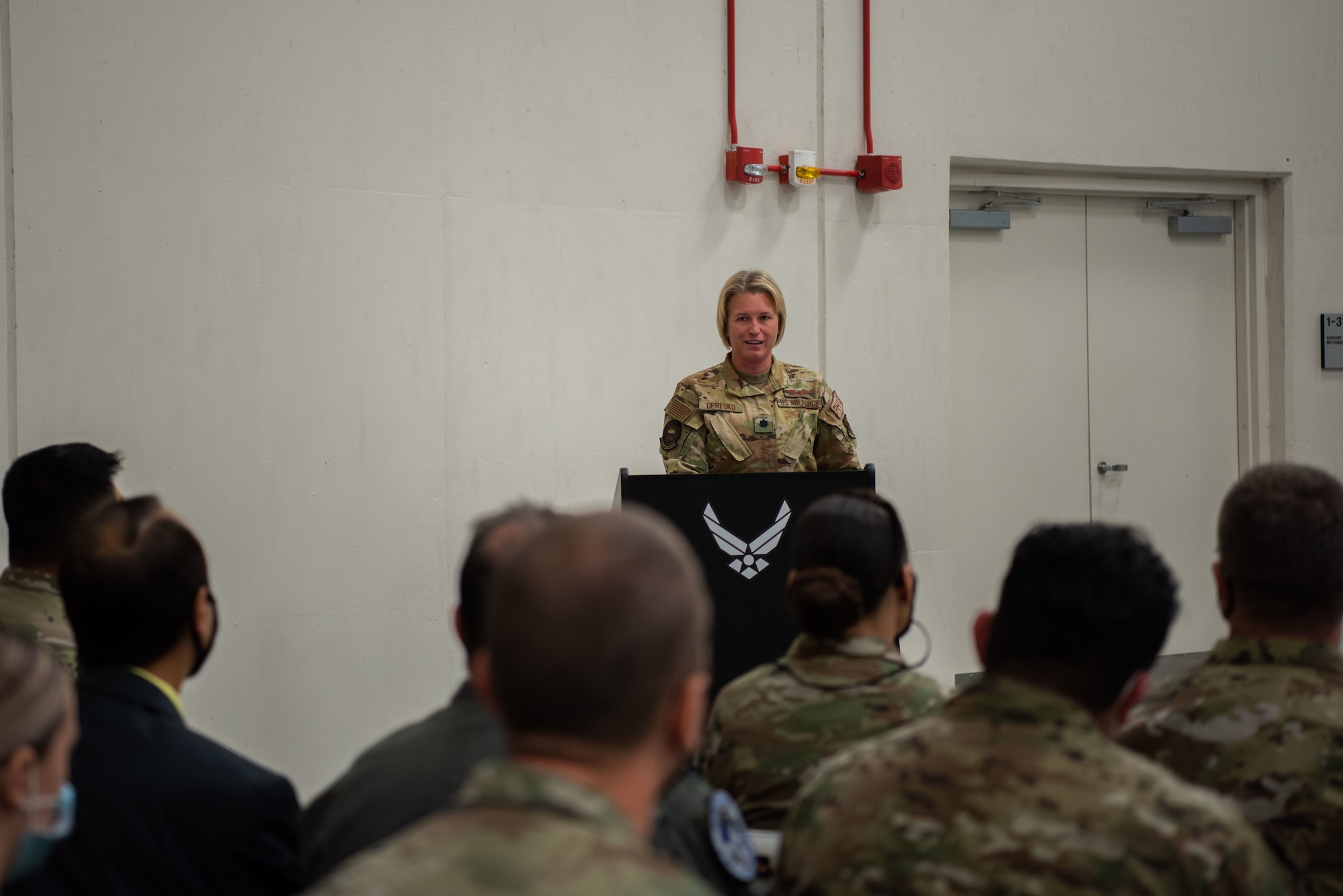 Woman speaking at a podium addressing a group of people.