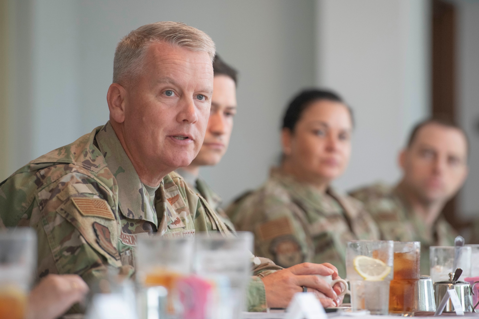 Lt. Gen. James Jacobson, Pacific Air Forces deputy commander, talks with first sergeants at Yokota Air Base, Japan, Aug. 22, 2022. During his visit, Jacobson met with leaders to discuss the unique challenges Airmen face, and their roles as ambassadors while living in a foreign country. (U.S. Air Force photo by Arita Machiko)