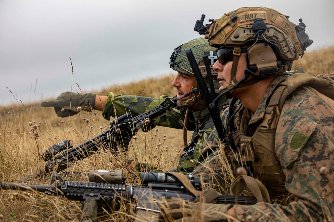 U.S. Marine Corps Sgt. Anthony T. Ruiz, a squad leader with Echo Company, Battalion Landing Team 2/6, 22nd Marine Expeditionary Unit, right, participates in  Tactical Recovery of Aircraft Personnel training with Swedish Air Force Rangers near Kristianstad, Sweden, Aug. 26, 2022. The Kearsarge Amphibious Ready Group and 22nd MEU, under the command and control of Task Force 61/2, is on a scheduled deployment in the U.S. Naval Forces Europe area of operations, employed by U.S. Sixth Fleet to defend U.S., allied and partner interests.