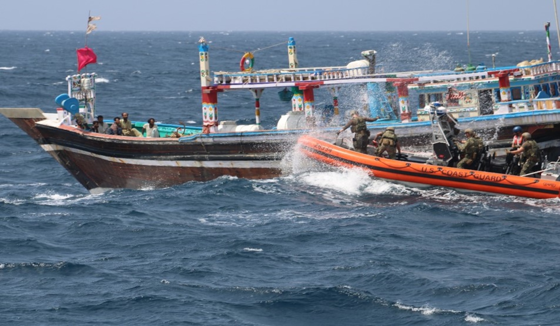 GULF OF OMAN (Aug. 30, 2022) Personnel from U.S. Coast Guard fast response cutter USCGC Glen Harris (WPC 1144) interdict a fishing vessel smuggling illegal narcotics in the Gulf of Oman, Aug. 30.