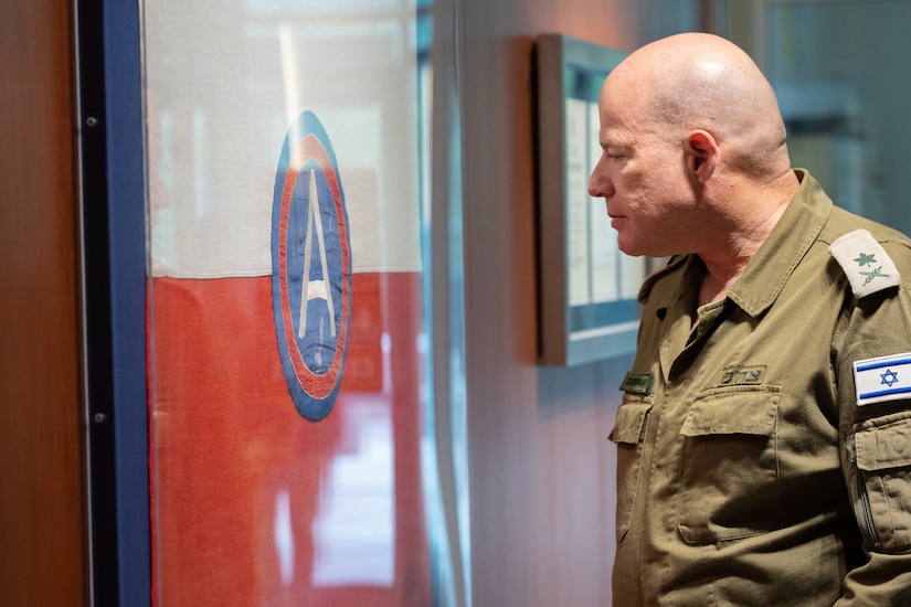 Maj. Gen. Hidai Zilberman, Israeli Defense and Armed Forces Attaché, examines a Third Army artifact on display in Patton Hall, Shaw AFB, August 31, 2022 during his visit to USARCENT headquarters. The U.S. and Israel enjoy a strong and enduring partnership developed over decades of cooperation.