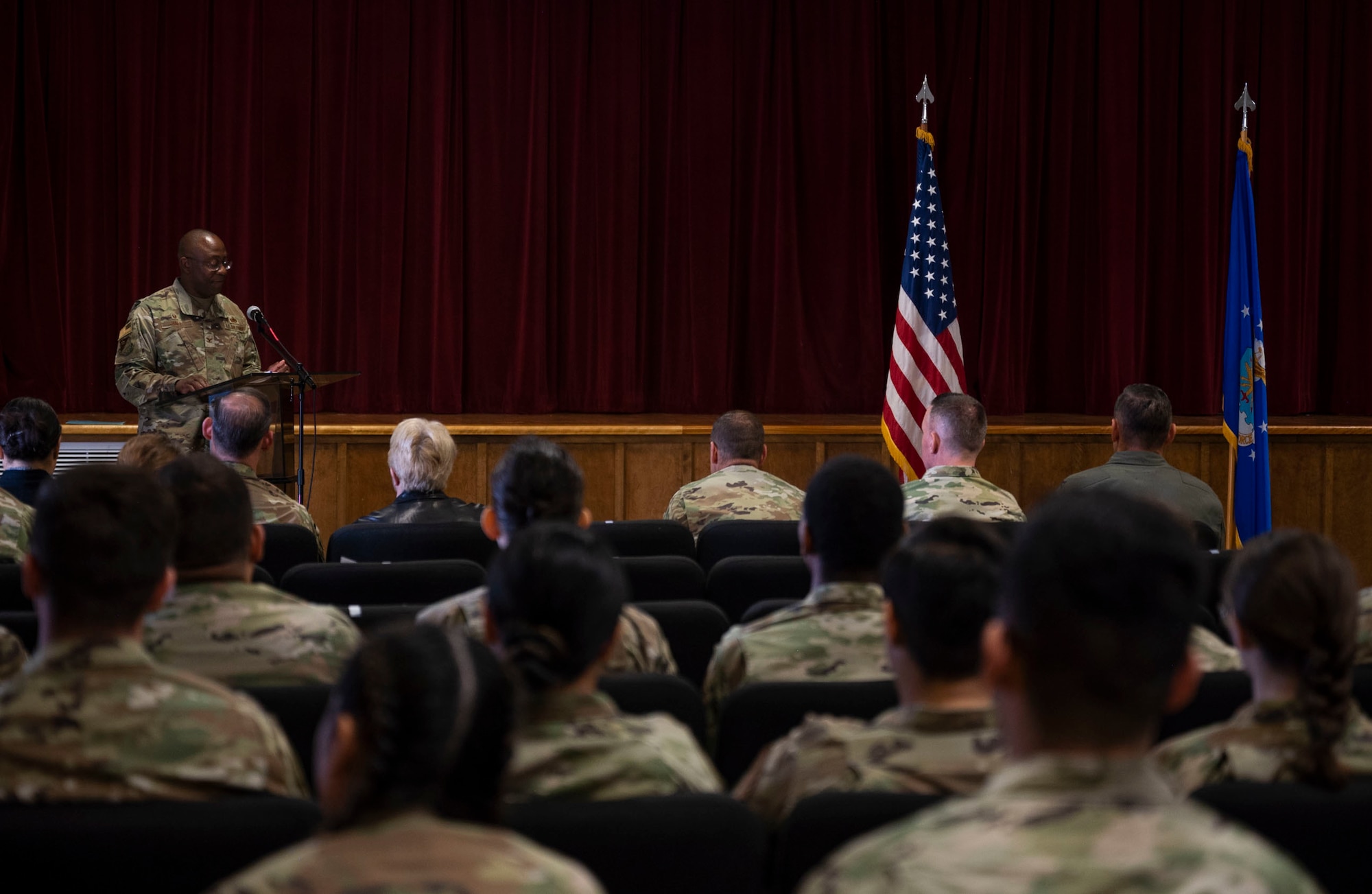 U.S. Air Force Col. Christopher Hall, deputy joint base commander and commander of the 627th Air Base Group, gives remarks during the 627th Communications Squadron assumption of command ceremony at Joint Base Lewis-McChord, Washington, Aug. 26, 2022. The 627th CS provides world-class communications support, enabling mission partner success across JBLM. (U.S. Air Force photo by Staff Sgt. Rachel Williams)