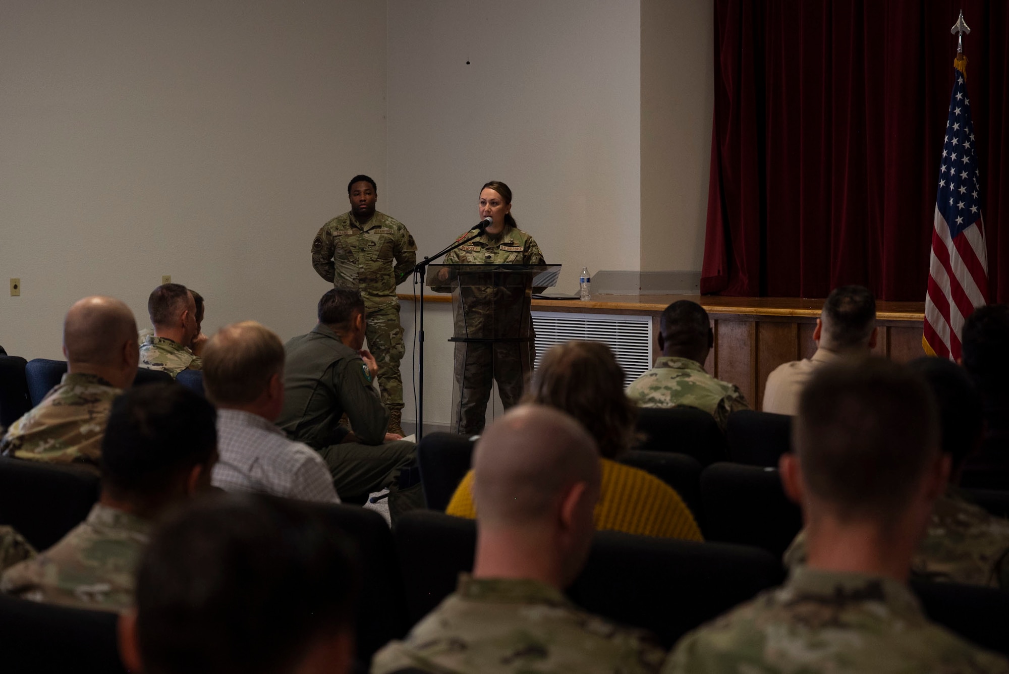 U.S. Air Force Lt. Col. Kristina Dempsey, commander of the 627th Communications Squadron, gives remarks during an assumption of command ceremony at Joint Base Lewis-McChord, Washington, Aug. 26, 2022. The 627th CS provides world-class communications support, enabling mission partner success across JBLM. (U.S. Air Force photo by Staff Sgt. Rachel Williams)