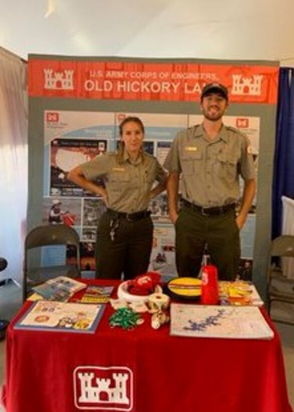 J. Percy Priest Lake Park Rangers Ali Battaglia and Andrew Harrell greet Wilson County Fair attendees and spread the importance of water safety by giving out informative pamphlets, maps, and water safety bags. The Wilson County Fair was held in Lebanon, Tennessee, from Aug. 18-26, 2022. (USACE Photo)