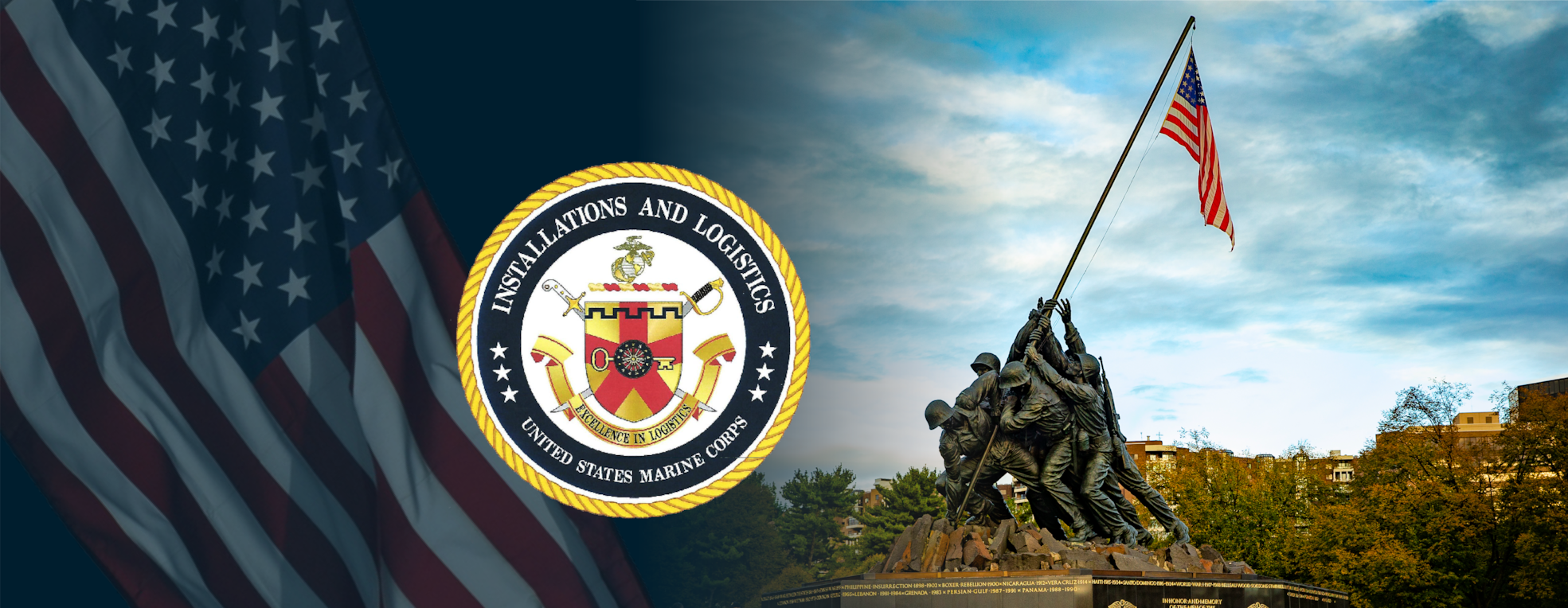 Graphic banner with (from left to right) the American flag, I&L coat of arms, and Quantico statue of Iwo Jima.
