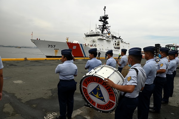 The U.S. Coast Guard Cutter Midgett (WMSL 757) moors in Manila, Philippines, Aug. 30, 2022. Midgett’s crew will engage in professional exchanges and capacity building exercises with the Philippine Coast Guard, and partner nations, and will patrol and conduct operations as directed while deployed on a months-long Western Pacific patrol under the tactical control of Commander, U.S. 7th Fleet. (Photo courtesy of the Philippine Coast Guard)