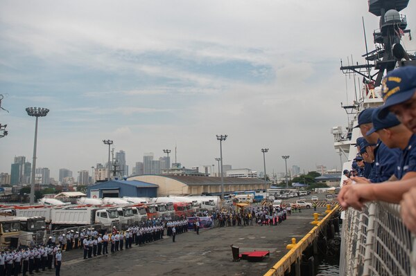 The U.S. Coast Guard Cutter Midgett (WMSL 757) moors in Manila, Philippines, Aug. 30, 2022. Midgett’s crew will engage in professional exchanges and capacity building exercises with the Philippine Coast Guard, and partner nations, and will patrol and conduct operations as directed while deployed on a months-long Western Pacific patrol under the tactical control of Commander, U.S. 7th Fleet. (Photo courtesy of the Philippine Coast Guard)