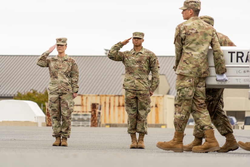 Two airmen salute as others carry a transfer case.