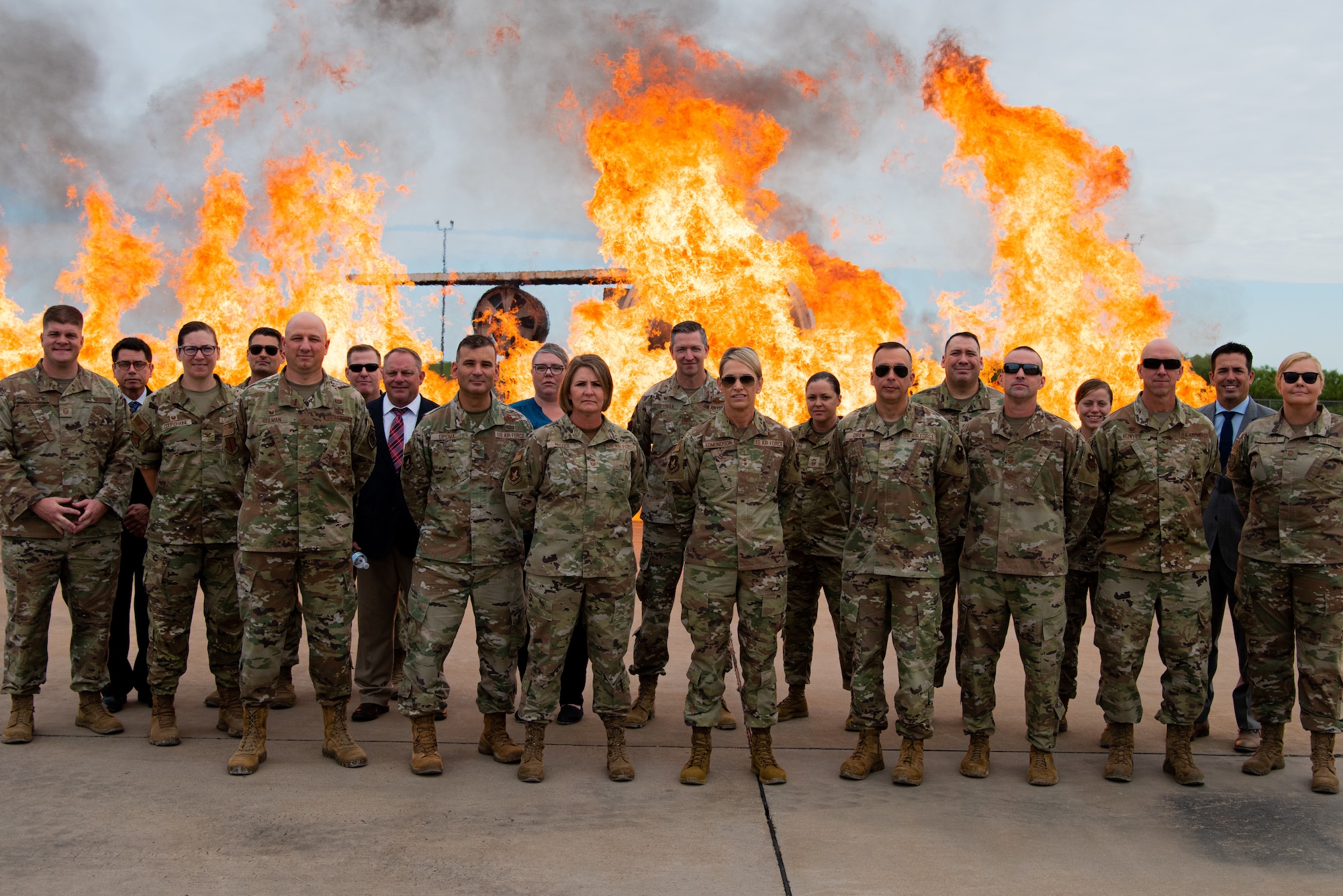 Leaders across Second Air Force, known as a Bazaar of Falcons, pose for a group photo at the Louis F. Garland DoD Fire Academy, Goodfellow Air Force Base, Texas, Aug. 25, 2022. They came together at Goodfellow for a week of collaboration and strategic planning to shape the future of Second Air Force. (U.S. Air Force photo by Senior Airman Michael Bowman)