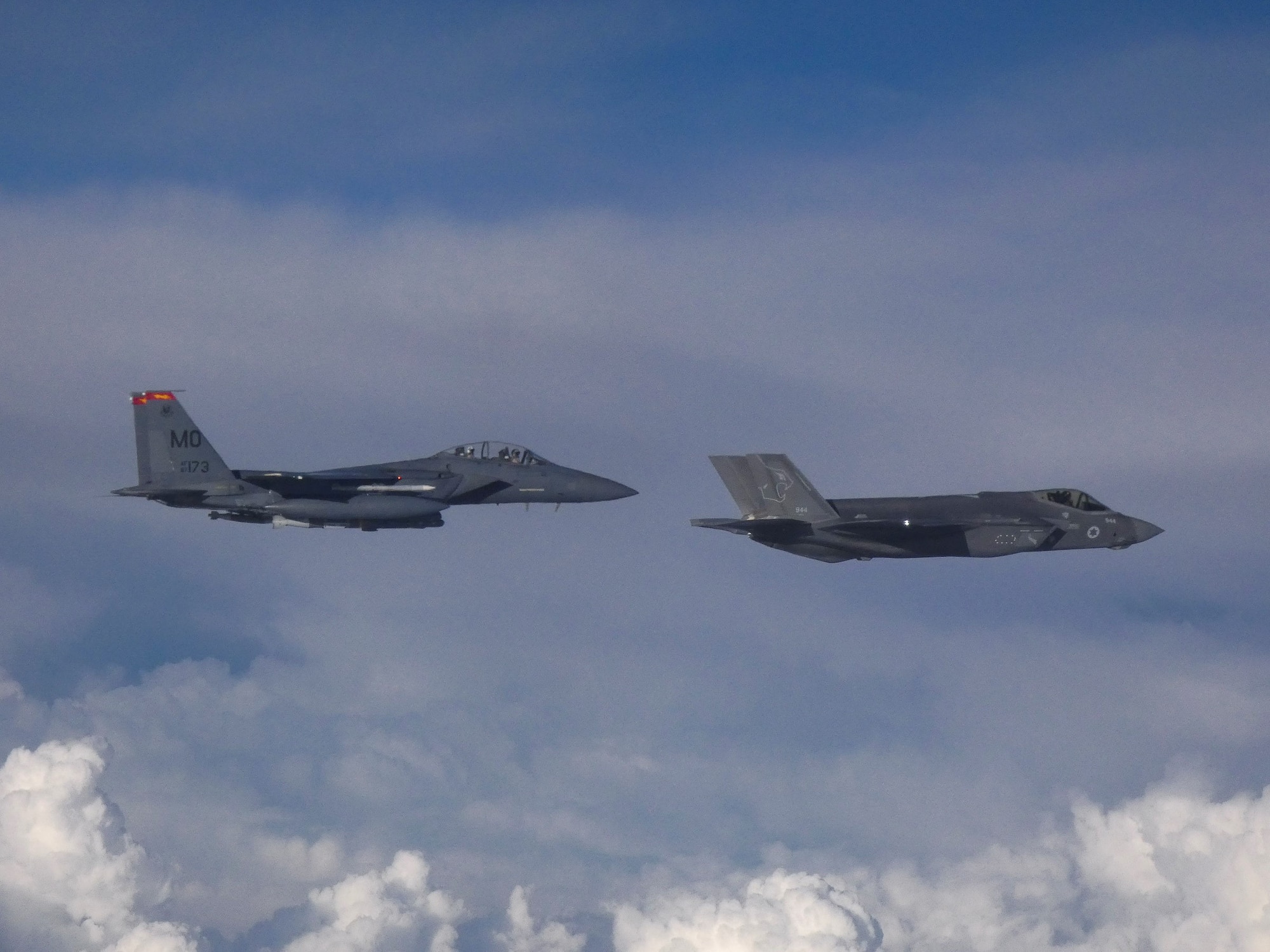 U.S. Air Force F-15E Strike Eagles and Israeli Air Force F-35 Lightening II fly in formation as part of a bilateral exercise in the U.S. Central Command area of responsibility, Nov. 29, 2022. (U.S. Air Force courtesy photo)