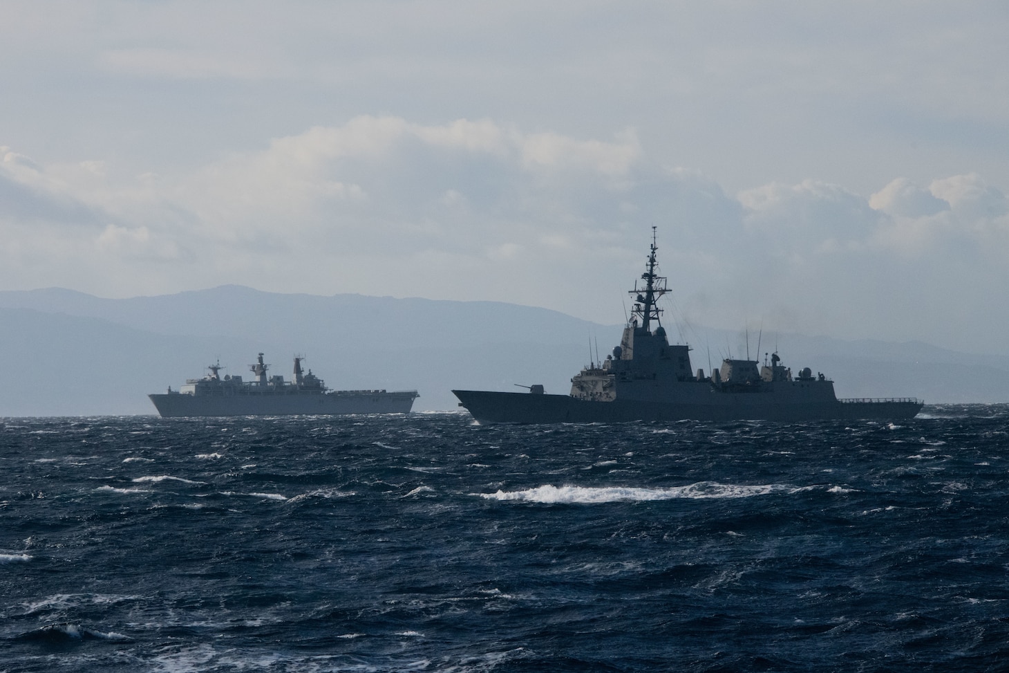 HMS Albion (L14) an amphibious transport dock of the Royal Navy and ESPS Cristóbal Colón (F-105) the last ship of the Álvaro de Bazán-class of air defense frigates attached to SNMG2 completes Dynamic Guard.