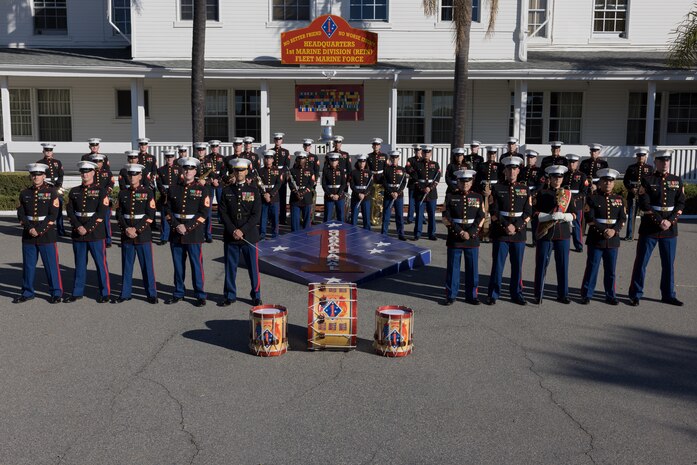 U.S. Marines with the 1st Marine Division Band pose for an annual group photo at Marine Corps Base Camp Pendleton, California, Nov. 16, 2022.