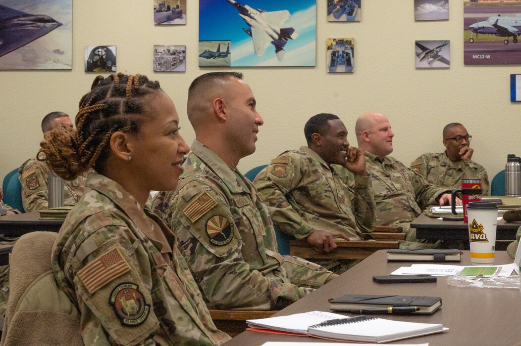 U.S. Air Force senior enlisted leaders listen to speakers during an SEL course Nov. 29, 2022, at Luke Air Force Base, Arizona.