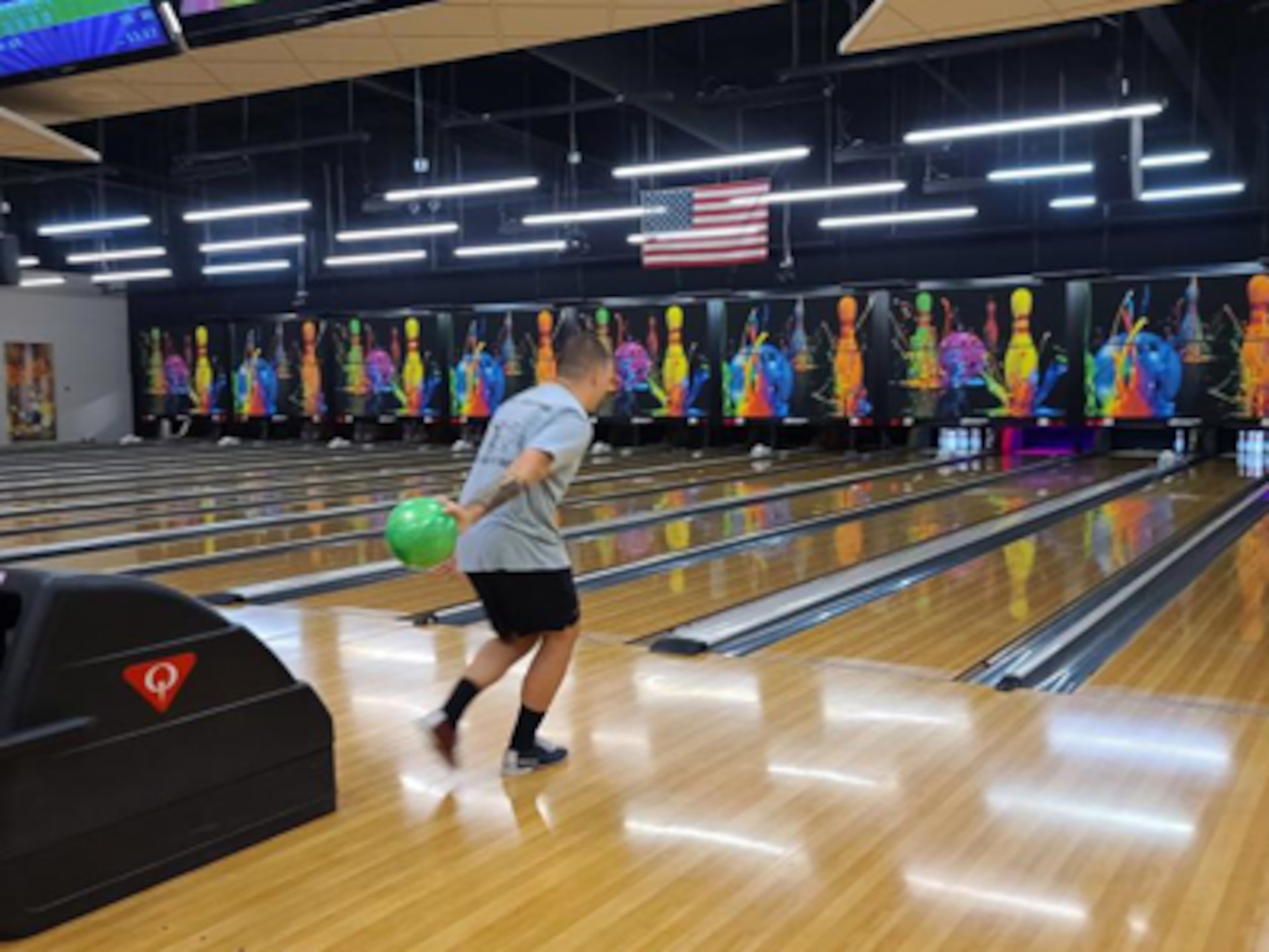 Staff Sgt. William Stroe-Patterson giving it his best shot at bowling therapy at Fort Hood.