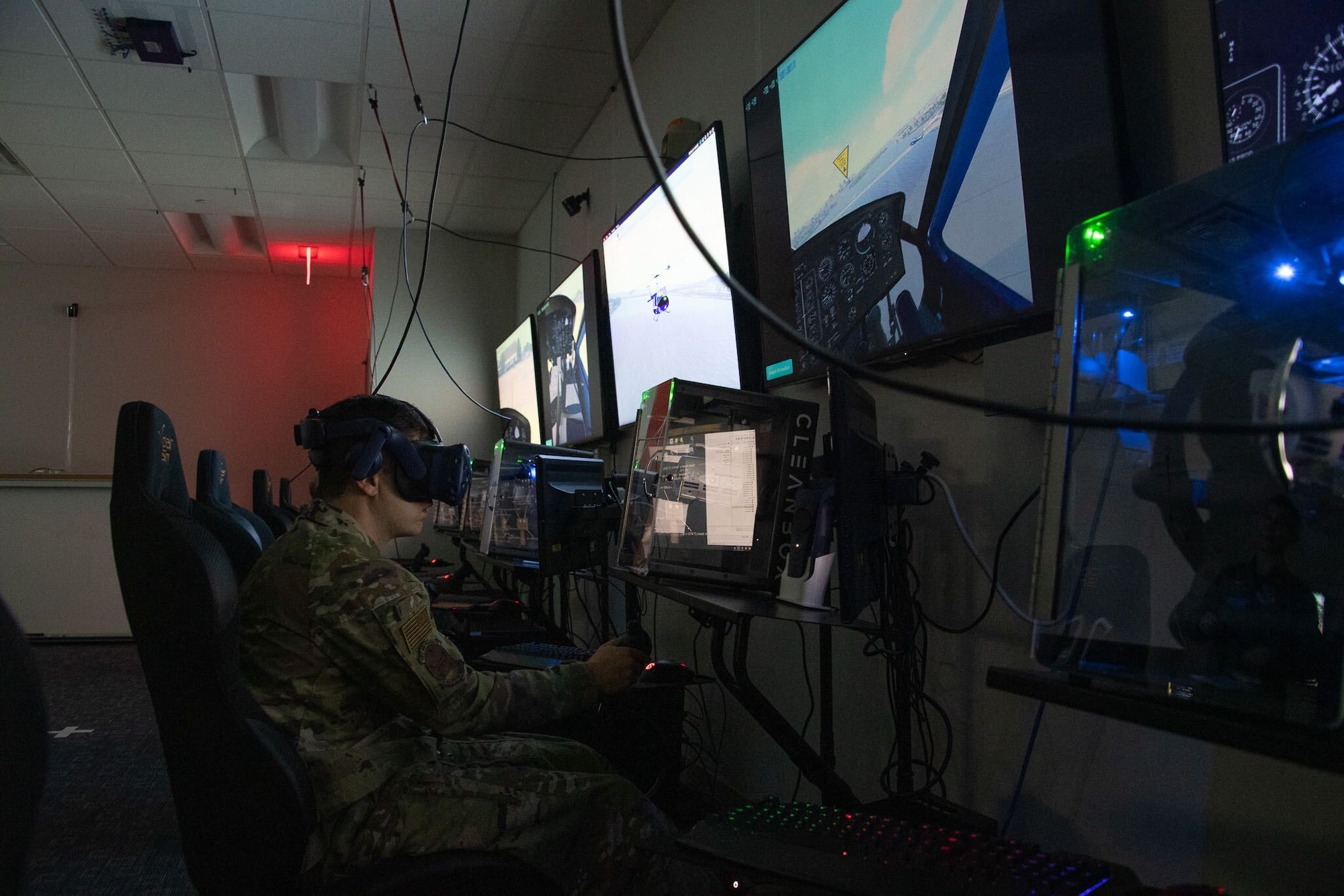 First Lt. Joseph Mull, 1st Helicopter Squadron UH-1N Huey pilot, flies a training mission in the 316th Operations Support Squadron’s virtual-reality simulator at Joint Base Andrews, Md., Oct. 25, 2022.