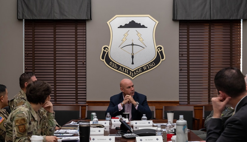 U.S. Rep. Jake Ellzey, of Texas, speaks to Joint Base Langley-Eustis leadership during a congressional delegation visit at JBLE, Virginia, Nov. 29, 2022.