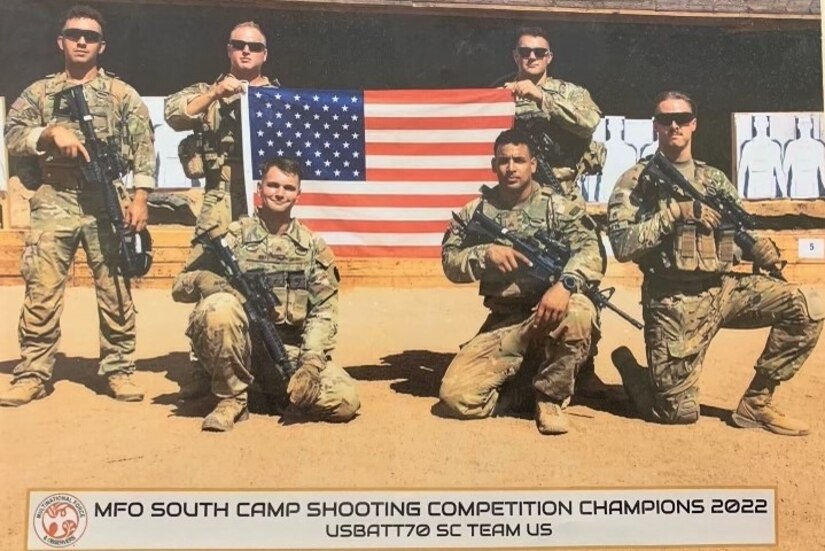 A team of U.S. Soldiers with 1st Battalion, 109th Infantry Regiment, 2nd Infantry Brigade Combat Team, 28th Infantry Division recently won a multinational shooting competition while deployed to Egypt in support of Multinational Force and Observers. The six-man team was led by Sgt. Michael Landau and consisted of Sgt. Justin McCloe, Staff Sgt. Francis Gaeta, Sgt. T.J. Bennett, Sgt. Bryan Peck and Sgt. Kyle Kott. (Photo provided by Sgt. Michael Landau)