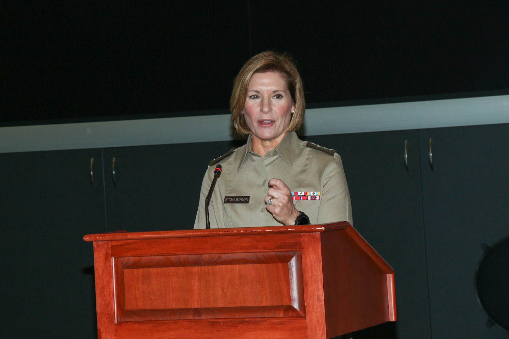 The commander of U.S. Southern Command, Army Gen. Laura Richardson, gives opening remarks at a ceremony commemorating the 25th anniversary of the command’s Human Rights Initiative (HRI).