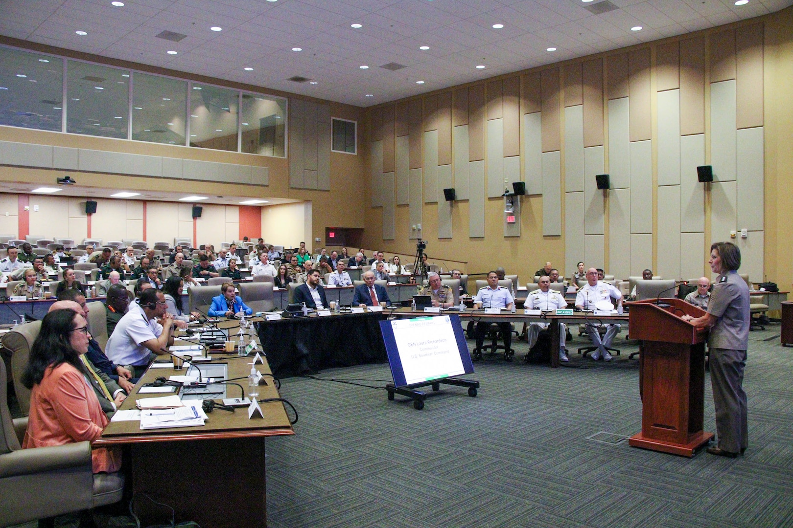 The commander of U.S. Southern Command, Army Gen. Laura Richardson, gives opening remarks at a ceremony commemorating the 25th anniversary of the command’s Human Rights Initiative (HRI).