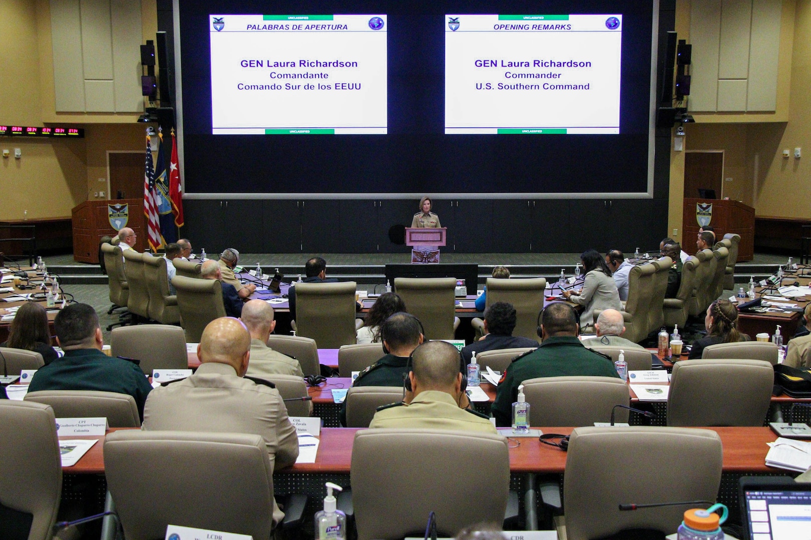 The commander of U.S. Southern Command, Army Gen. Laura Richardson, gives opening remarks at a ceremony commemorating the 25th anniversary of the command’s Human Rights Initiative (HRI).