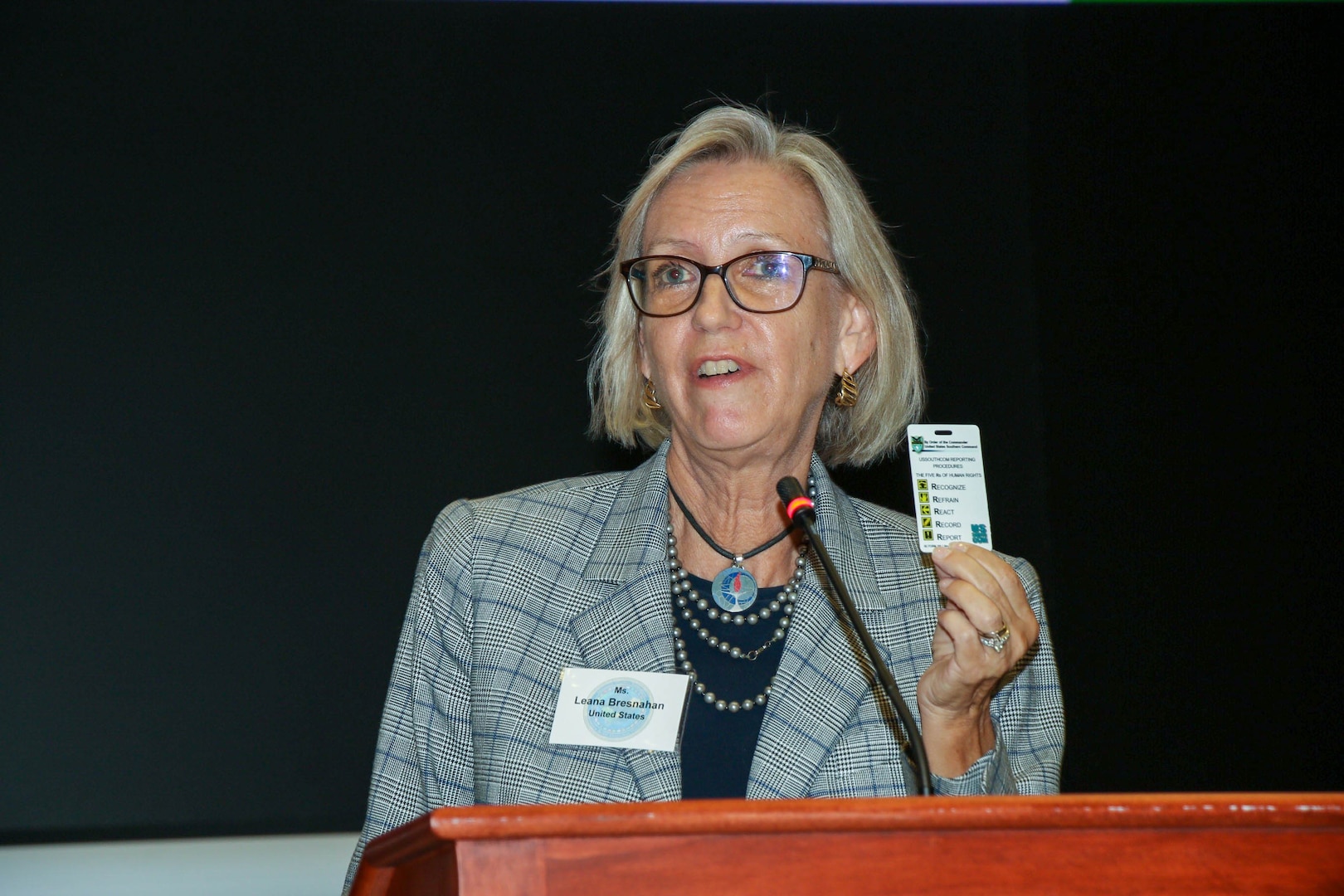 Leana D. Bresnahan, former director of the U.S. Southern Command Human Rights Office, speaks during a ceremony commemorating the 25th anniversary of U.S. Southern Command’s Human Rights Initiative (HRI).