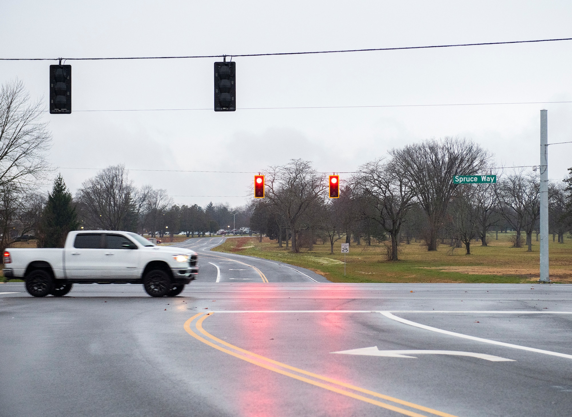 Truck goes through the intersection.