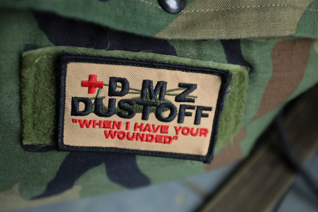 A patch containing the Dustoff motto “When I have your wounded” September 1, 2022, Korea Combat Training Center, Republic of Korea. (U.S. Army photo by Sgt. Oscar Toscano)