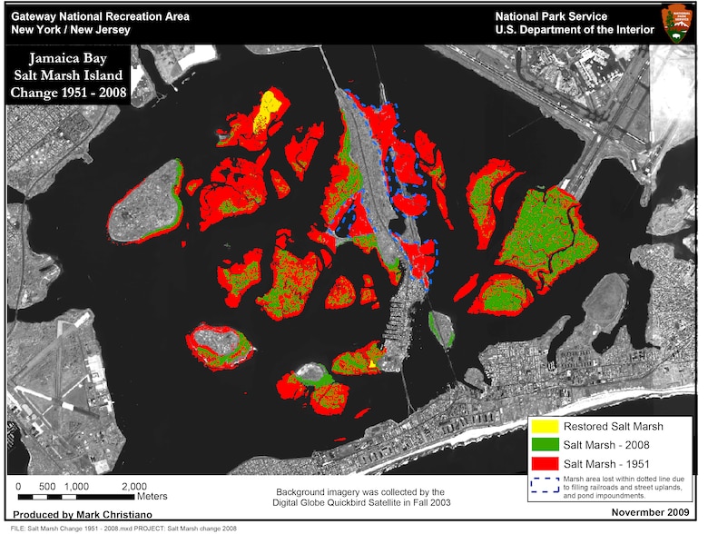Marsh loss over the years in Jamaica Bay, New York / Gateway National Recreation Area map credit National Park Service
