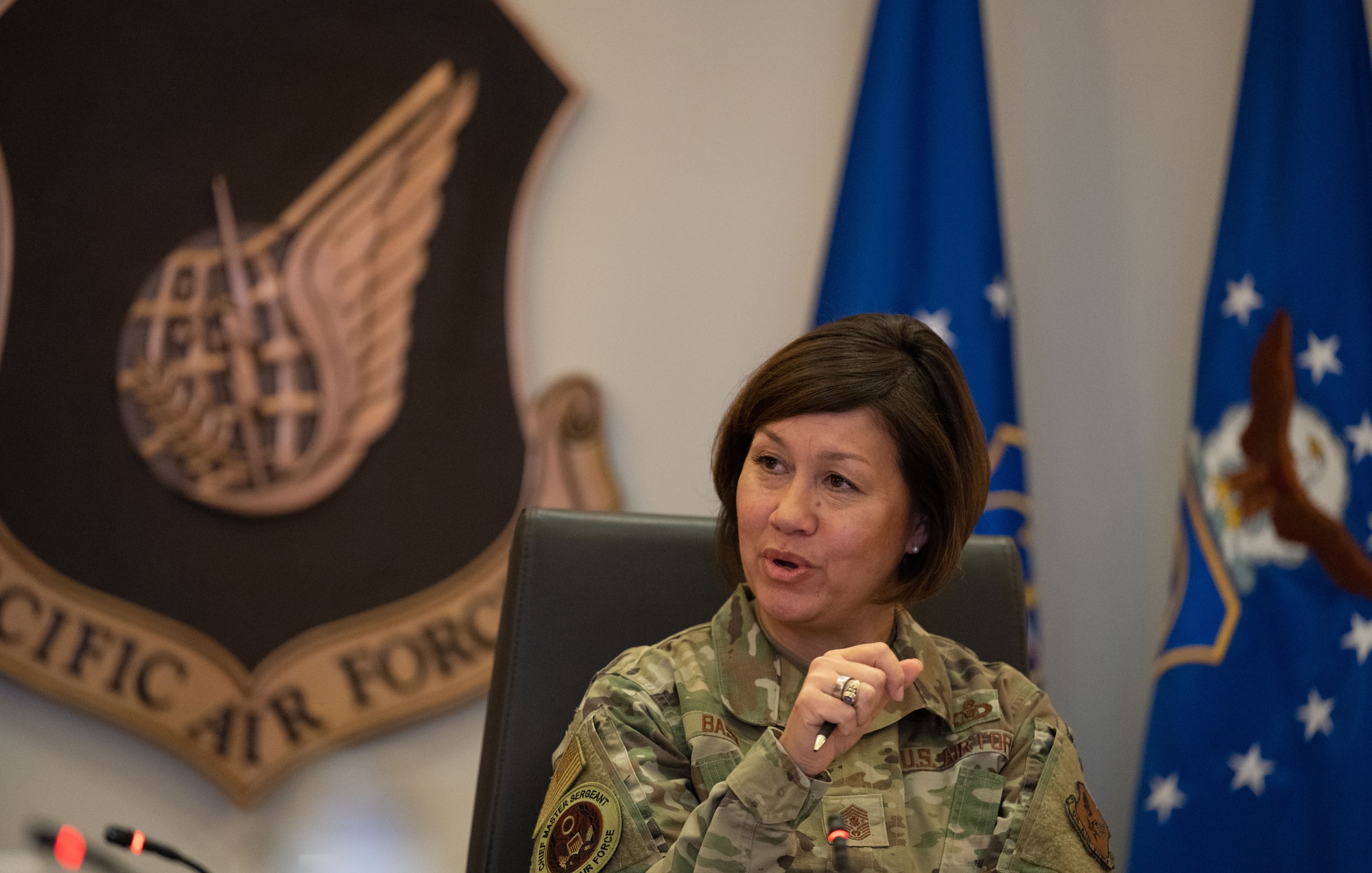 Chief Master Sgt. of the Air Force JoAnne S. Bass gives opening remarks during November’s Air Force Senior Enlisted Leader Council meeting, Hickam Air Force Base, Hawaii, Nov. 8, 2022. The AFSELC is an action group and advisory board. One of their objectives is to develop solutions to the highest-priority issues and opportunities affecting enlisted Airmen and families. (U.S. Air Force photo by Tech. Sgt. Hailey Haux)