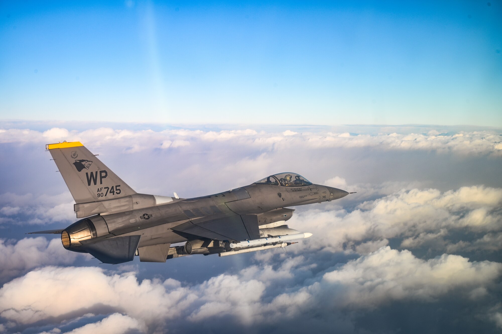 An 8th Operations Group F-16 Fighting Falcon flies during a training event in the skies near Kunsan Air Base, Republic of Korea, Dec. 1, 2022. The F-16 is a multi-capable, highly maneuverable fighter aircraft that poses a great offensive threat to any adversarial aircraft and has been a major component of thousands of combat operations since Sept. 11, 2001. (U.S. Air Force photo by Staff Sgt. Sadie Colbert)
