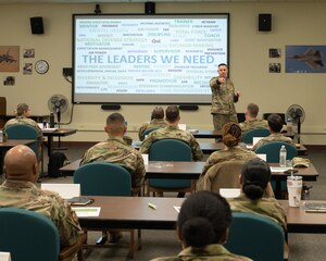 U.S. Air Force Chief Master Sgt. Jason Shaffer, 56th Fighter Wing command chief, speaks to aspiring senior enlisted leaders during an SEL course Nov. 29, 2022, at Luke Air Force Base, Arizona.
