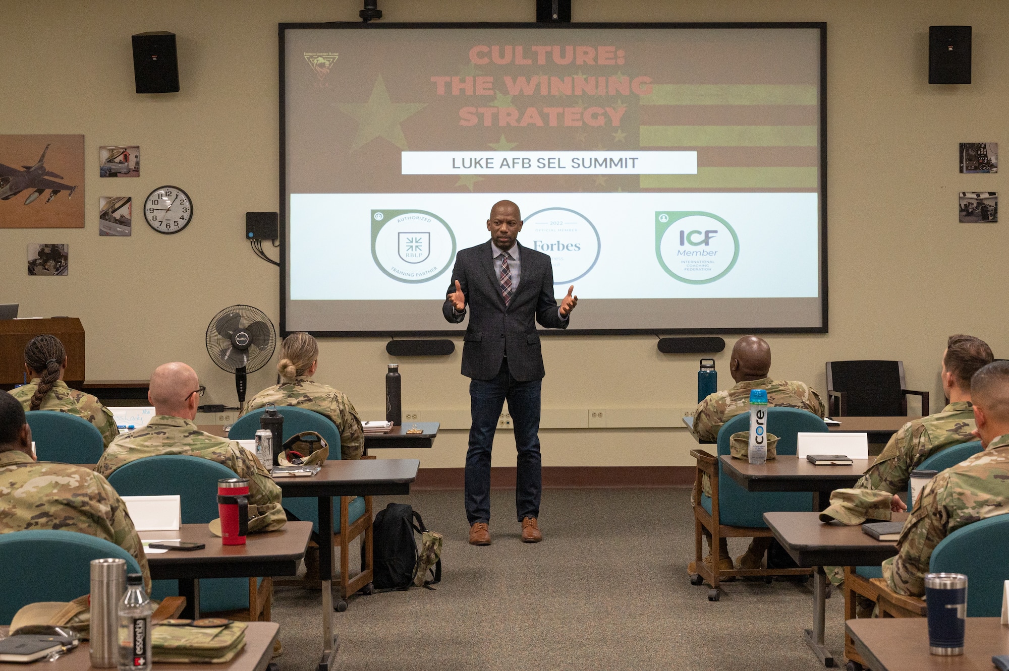 U.S. Air Force Chief Master Sgt. (Ret.) Todd Simmons, former Command Chief Master Sergeant of Air University, Maxwell Air Force Base, Alabama, speaks to aspiring senior enlisted leaders during an SEL course Nov. 29, 2022, at Luke Air Force Base, Arizona.