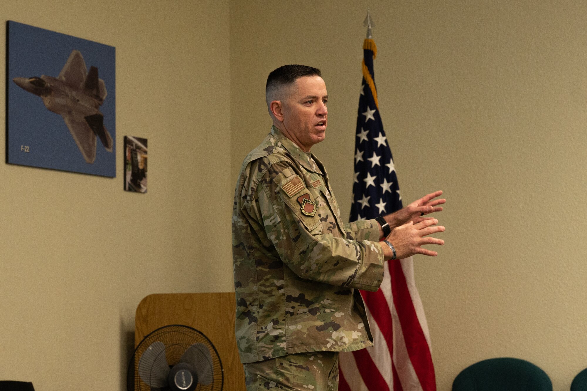 U.S. Air Force Chief Master Sgt. Jason Shaffer, 56th Fighter Wing command chief, speaks to aspiring senior enlisted leaders during an SEL course Nov. 29, 2022, at Luke Air Force Base, Arizona.