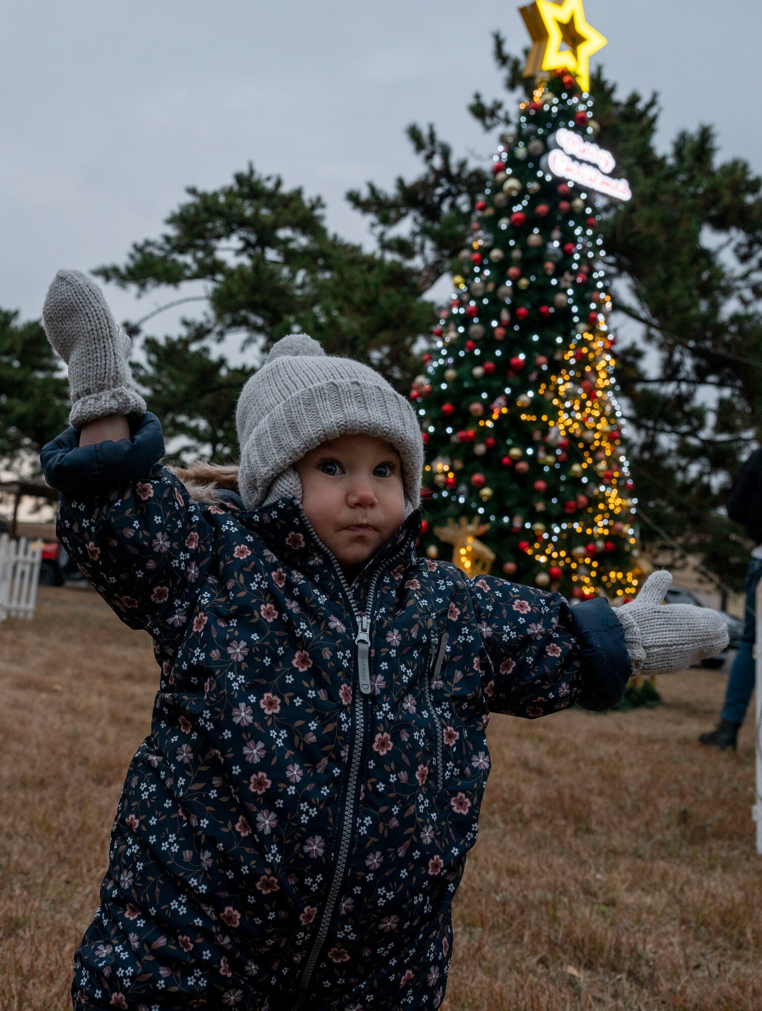 A child of an 8th Fighter Wing Airman stands in front of the holiday tree at a tree lighting ceremony at Kunsan Air Base, Republic of Korea, Dec. 1, 2022. Despite being an unaccompanied assignment, some Wolf Pack Airmen elect to bring their families and house them in the local community. (U.S. Air Force photo by Tech. Sgt. Timothy Dischinat)