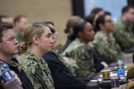 VIRGINIA BEACH, Virginia (December 1, 2022) – Junior officers listen to Capt. Jeff Heames, director of Surface Officer Assignments at PERS-41, during the inaugural Naval Surface Force Atlantic Junior Officer Training Symposium (JOTS), Dec. 1. 126 junior officers attended JOTS, and had the opportunity to network with, learn from, and listen to senior U.S. Navy leaders. (U.S. Navy photo by Mass Communication Specialist 1st Class Jacob Milham)