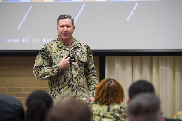 VIRGINIA BEACH, Virginia (December 1, 2022) Capt. Jeff Heames, director of Surface Officer Assignments at PERS-41, speaks to junior officers during the inaugural Naval Surface Force Atlantic Junior Officer Training Symposium (JOTS), Dec. 1. 126 junior officers attended JOTS, and had the opportunity to network with, learn from, and listen to senior U.S. Navy leaders. (U.S. Navy photo by Mass Communication Specialist 1st Class Jacob Milham)