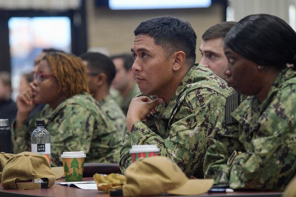 VIRGINIA BEACH, Virginia (December 1, 2022) – Junior officers listen to Capt. Jeff Heames, director of Surface Officer Assignments at PERS-41, during the inaugural Naval Surface Force Atlantic Junior Officer Training Symposium (JOTS), Dec. 1. 126 junior officers attended JOTS, and had the opportunity to network with, learn from, and listen to senior U.S. Navy leaders. (U.S. Navy photo by Mass Communication Specialist 1st Class Jacob Milham)