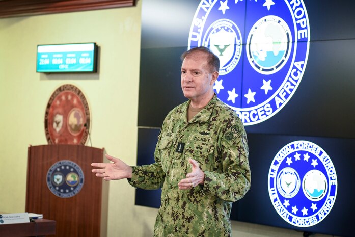 Adm. Stuart B. Munsch, commander, U.S. Naval Forces Europe-Africa (NAVEUR-NAVAF) and commander, Allied Joint Force Command Naples, discusses priorities, leadership, and maritime warfighting during the Commander, Task Force (CTF) Commanders Conference onboard Naval Support Activity Naples, Italy, Nov. 30, 2022.