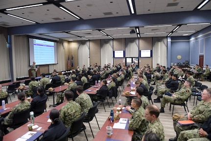 VIRGINIA BEACH, Virginia (December 1, 2022) – Rear Adm. Brendan McLane, commander, Naval Surface Force Atlantic, speaks to junior officers during the command’s inaugural Junior Officer Training Symposium (JOTS), Dec. 1. 126 junior officers attended JOTS, and had the opportunity to network with, learn from, and listen to senior U.S. Navy leaders. (U.S. Navy photo by Mass Communication Specialist 1st Class Jacob Milham)