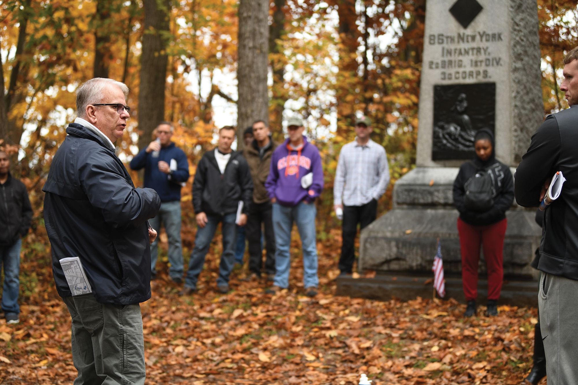 Col. Donald Wren, 445th Mission Support Group commander, addresses military members at the New York 86th Infantry monument during the Gettysburg staff ride, Oct. 26, 2022 at Gettysburg, Pennsylvania. Reserve Citizen Airmen from Wright-Patterson Air Force Base, Ohio; Minneapolis-St. Paul Air Reserve Station; Joint Base Charleston, South Carolina; Youngstown Air Reserve Station, Ohio; and Westover Air Reserve Base, Massachusetts; ventured to the historic battlegrounds of Gettysburg to reflect on what it means to be a leader.